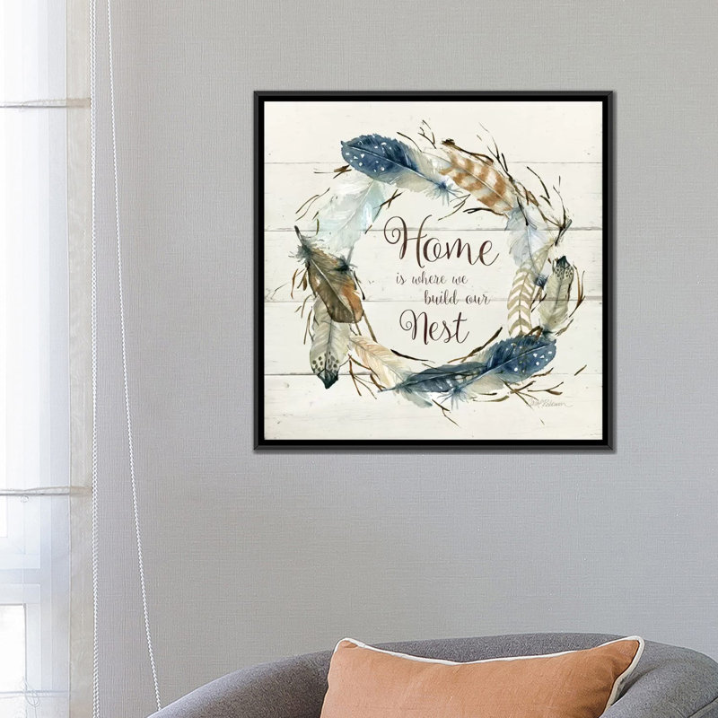 «Feather Home Nest», impression sur toile tendue, H 37 po x l 37 po x p 1,5 po, Toile avec cadre noir, Pas de tapis