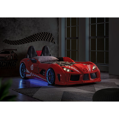 Red Finish Twin Size Race Car Design Bed Modern Novelty Style Attached Two Magnetic Doors With LED Lights On Wheels Bottom Upholstery HB And Sides