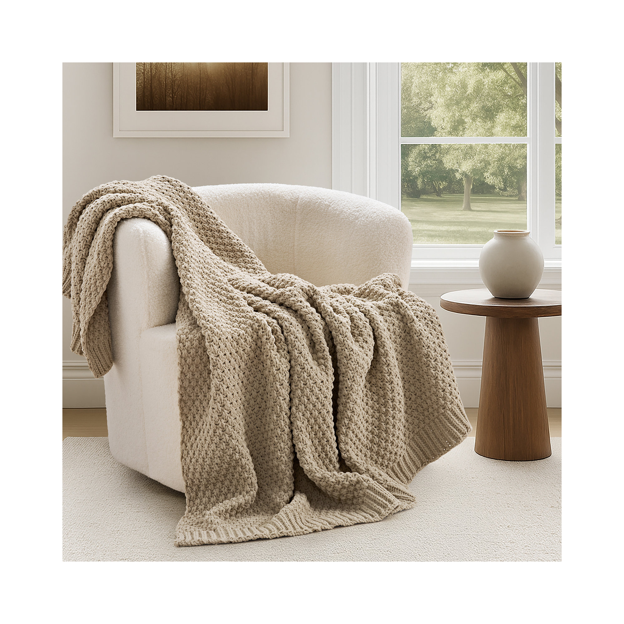 Chunky Chenille Knit Throw Blanket, 90" L x 90" W, Mocha Brown