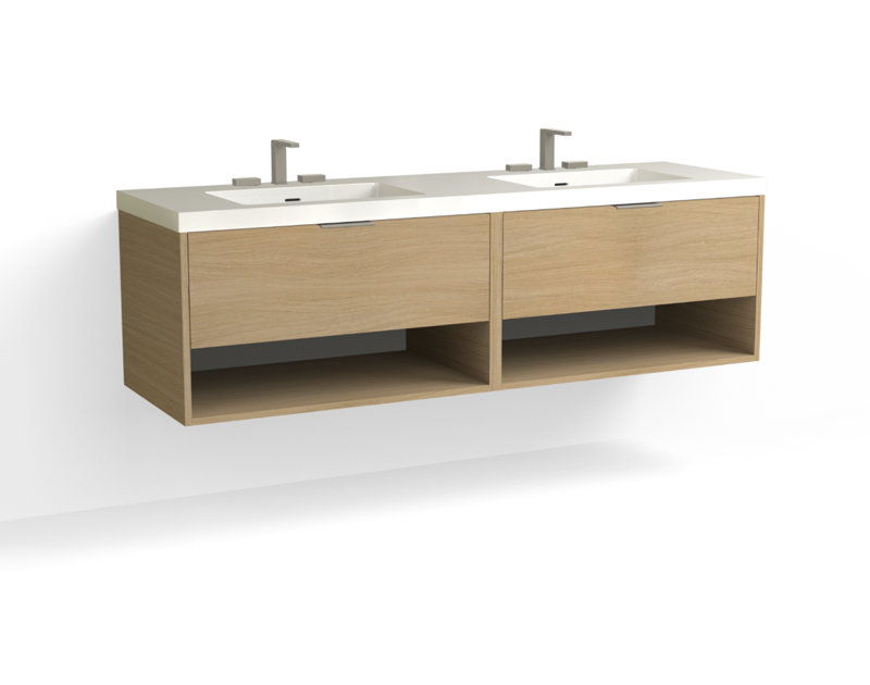 Modo 72" W Wall Mounted Double Bathroom Vanity, Matte White/8" Widespread, Nocino, Satin Brass