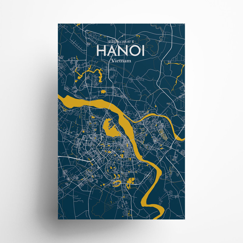 Hanoi, carte de la ville, impression, H 17 po x l 11 po, Bleu / jaune