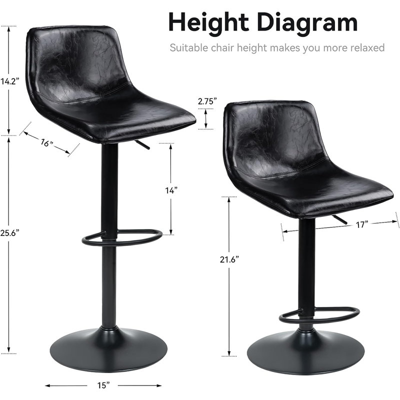 Height Adjustable Swivel Bar Stool Set of 2, Black