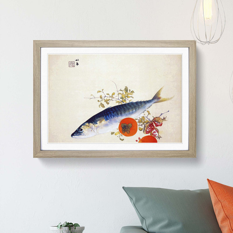 Fish & Fruit by Takeuchi Seiho - Picture Frame Art Print, Oak Framed, 48cm H x 65cm W x 2cm D