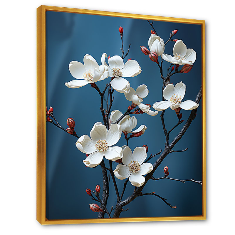 Dogwood Blossoms in Grey Tones I - reproduction sur toile, Cadre flottant doré, H 44 po x l 34 po x P 1,5 po