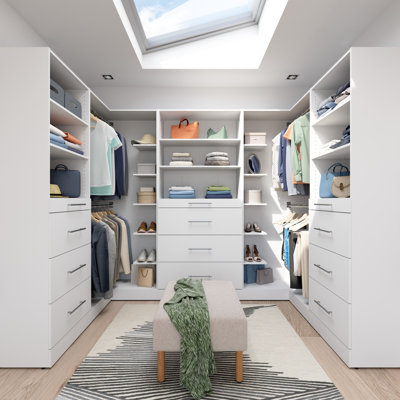 Bestar Florence113w X 61D Modular U Shaped Walk-In Closet System With LED Lights, Rods, Shelves, Drawers, And Doors, Shaker Style