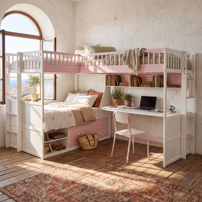 Lit superposé en L pour 3 personnes avec bureau intégré, ports USB, lampe DEL, étagères, garde-robe et tiroirs, rose