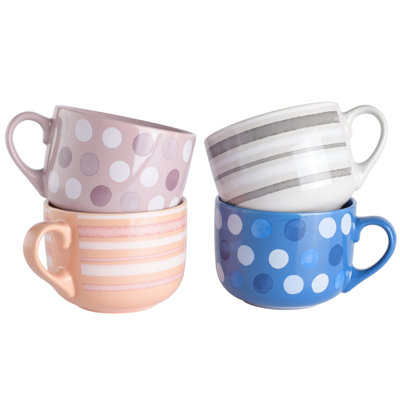Mr. Coffee Cappuccino Bliss 4 Pack 23 OZ Latte Assorted Decorated Design Stoneware Mugs