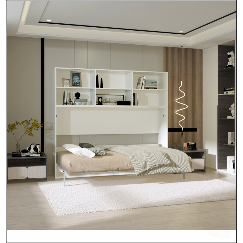 Lit escamotable horizontal moderne pour une personne avec étagères de rangement pour une utilisation optimale de l'espace.