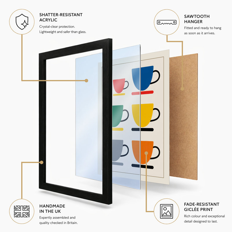 Colourful Ceramic Mugs Mid-Century - Framed Print, Walnut, A4 - 29.7 x 21.0 cm