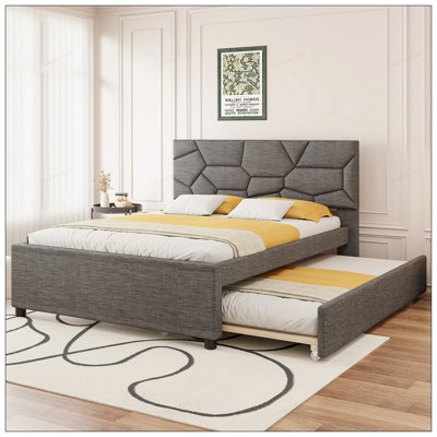 Grand lit plateforme tapissier avec tête de lit à motif brique et gigogne simple TG, tissu en lin