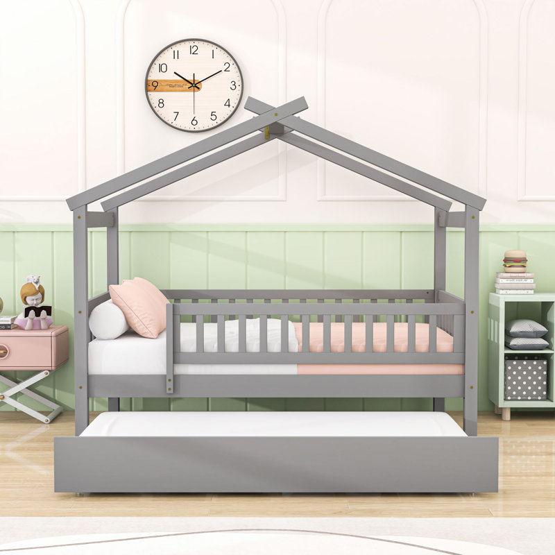 Twin Wooden House Bed With Twin Trundle And Guardrails, Gray