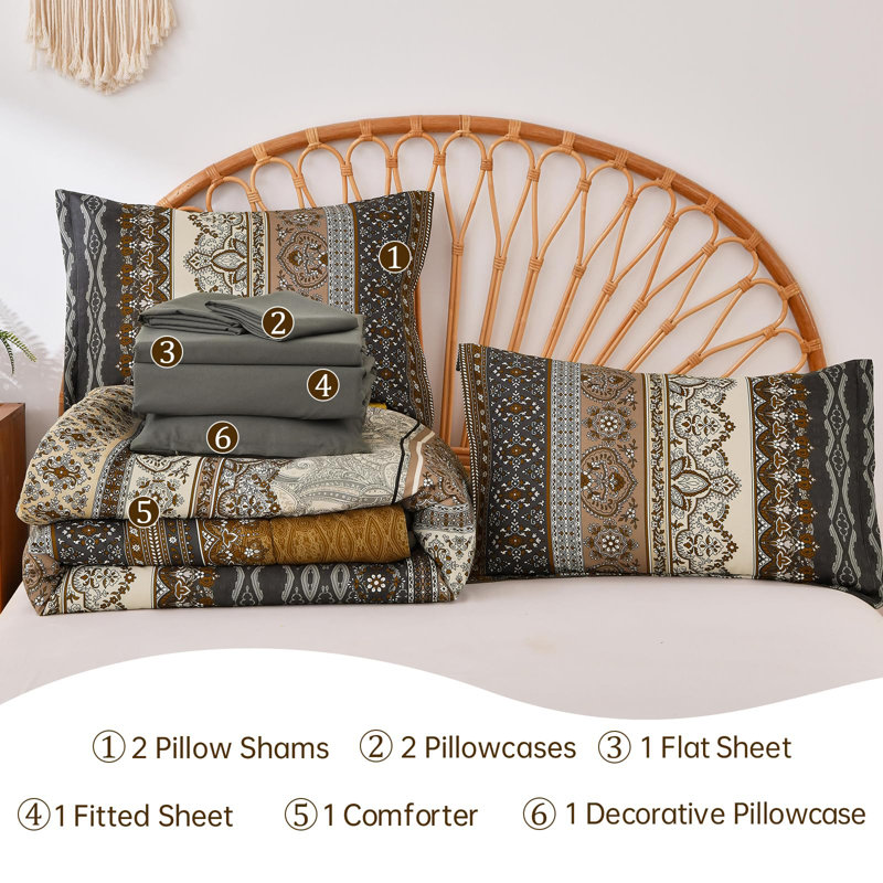 Ensemble de courtepointe 8 pièces Bohemian, Édredon très grand + 7 pièces supplémentaires, Brun / Noir