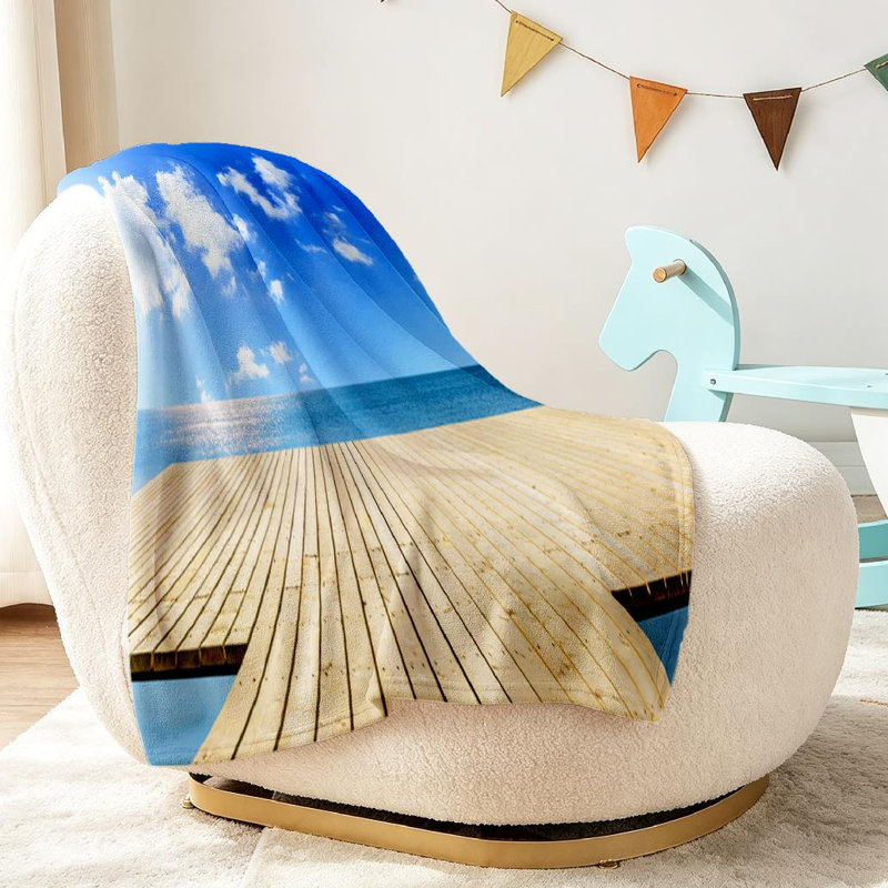 Jeté en flanelle bleue ultra douce, impression sur un côté en bois Sea Sky Beach, Jeté 30 po x 40 po