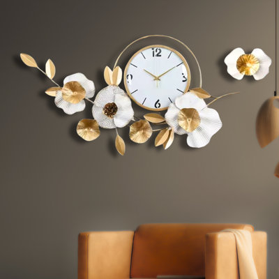 Gold And White Metal Wall Clock, Extra Large 37" Floral Designer Silent Clock, Oversized Home Office Décor