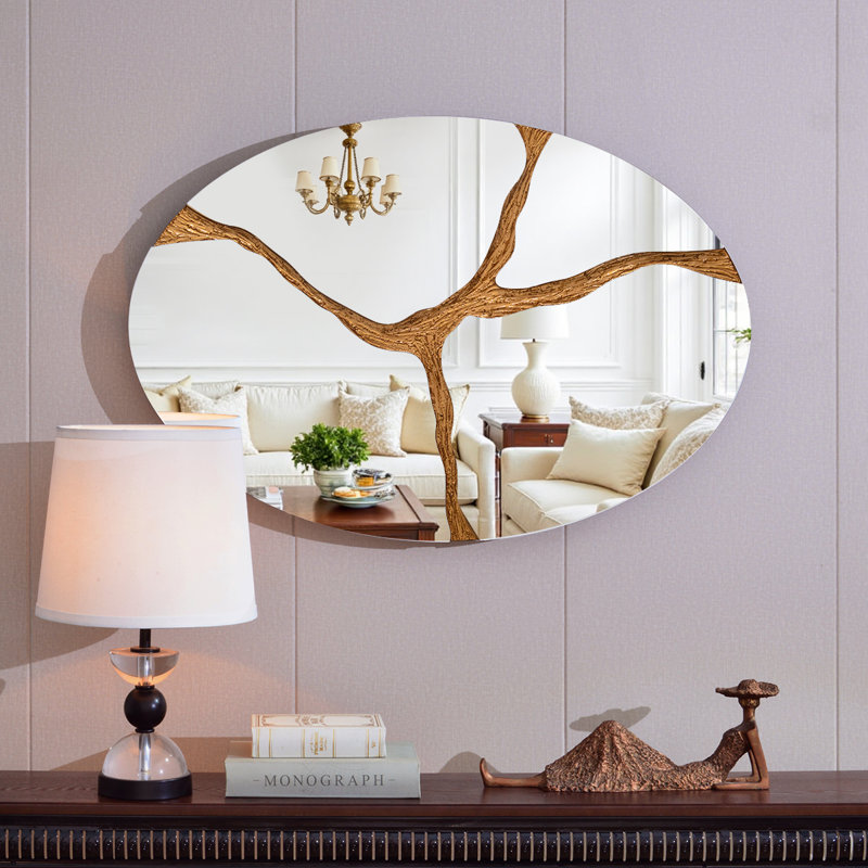 Wood Round Wall Mirror;Bathroom / Vanity Mirror;Flat Wall Mirror, 35.4" x 23.6"
