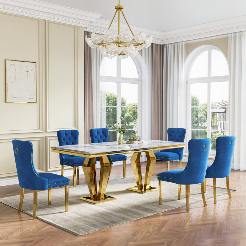 Faux Marble Dining Set With Diamond-shaped Metal Base, White/Gold, Blue/Gold, 7 Pieces: Table, 6 Chairs