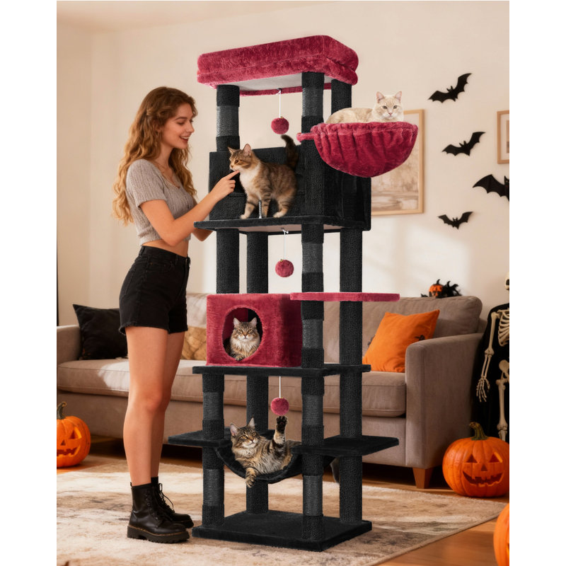 Cat Tree for Indoor Cats, Large Tall Cat Tower, Multi-Level Cats House with Condo, 8 Scratching Posts, Hammock, 4 Pom Poms