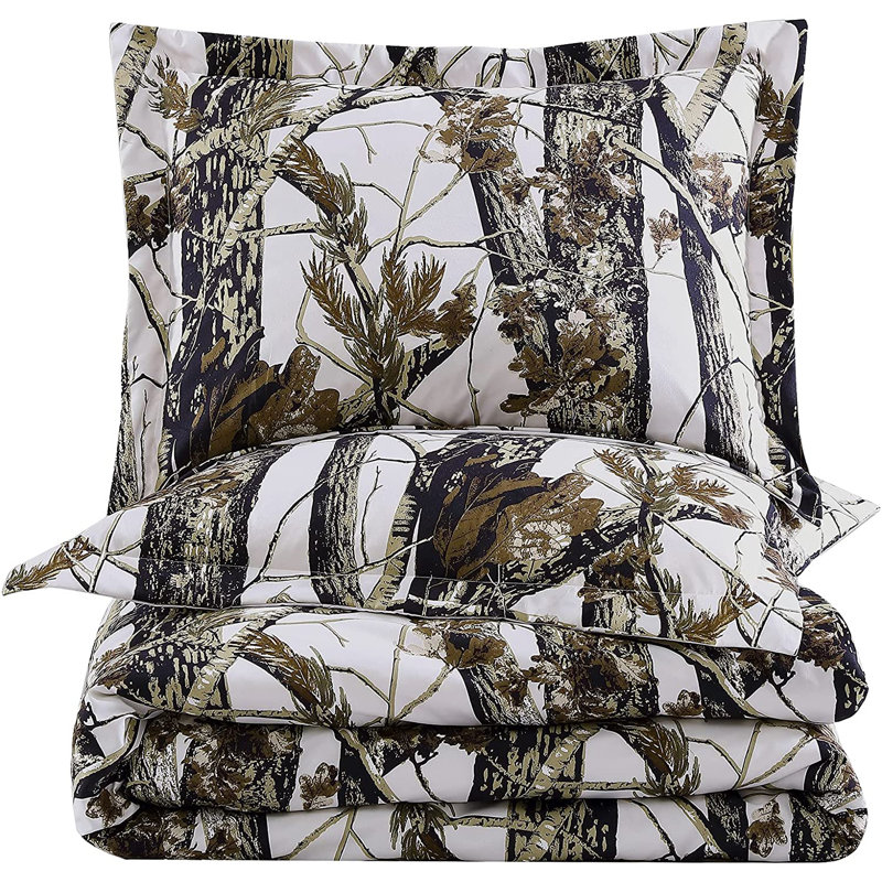Nature Forest Woods Camouflage Comforter Set Cabin Lodge Bedding Set, Queen Comforter  + 2 Standard Shams, White