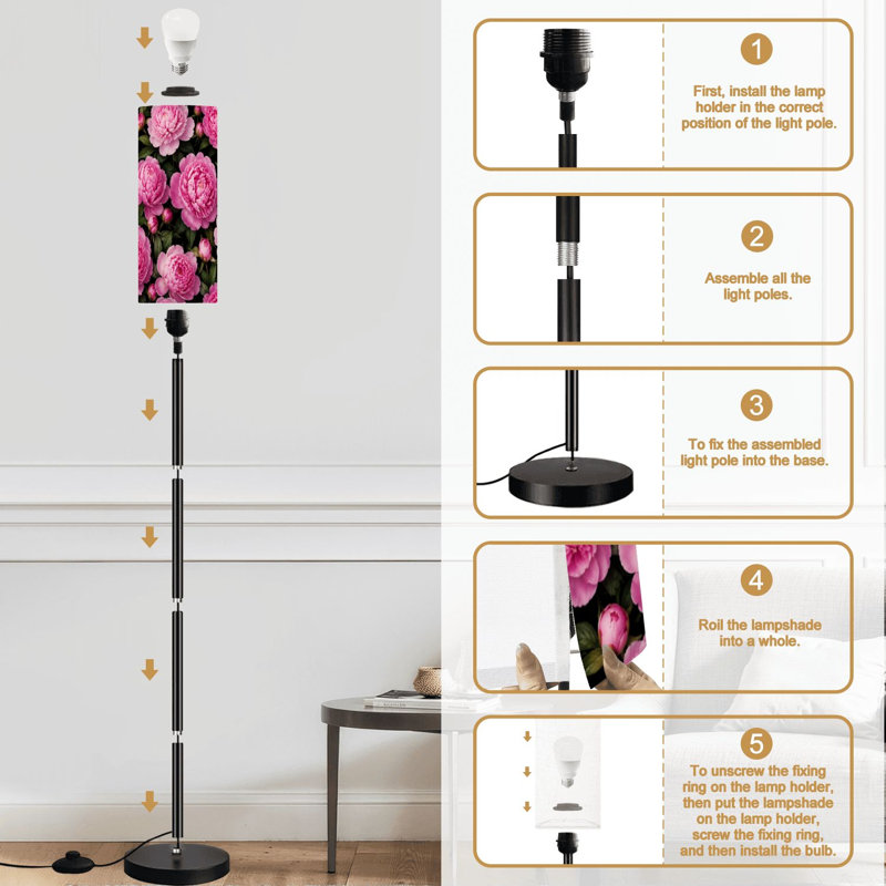 Lampe sur pied avec pivoines roses transparentes à intensité variable avec télécommande et interrupteur au pied avec abat-jour