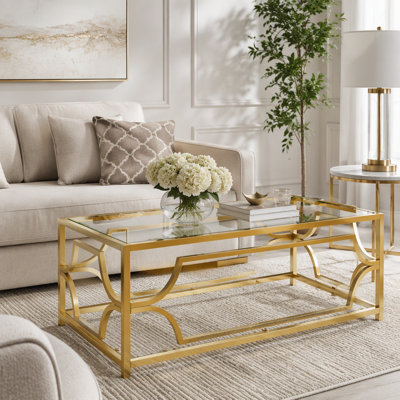Modern Gold Glass Coffee Table, Luxury Rectangle Center Table with Metal Frame