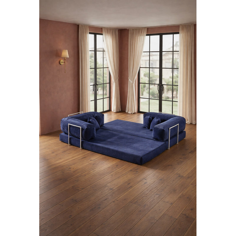 Canapé modulaire en L en velours bleu avec assise basse, Bleu