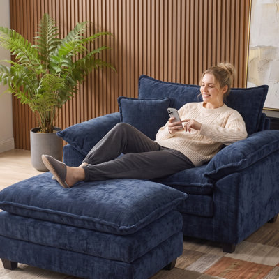 46.45" Wide Chenille Cloud Accent Chair with Ottoman, Oversized Deep Seat Lounge Chair with Pillow