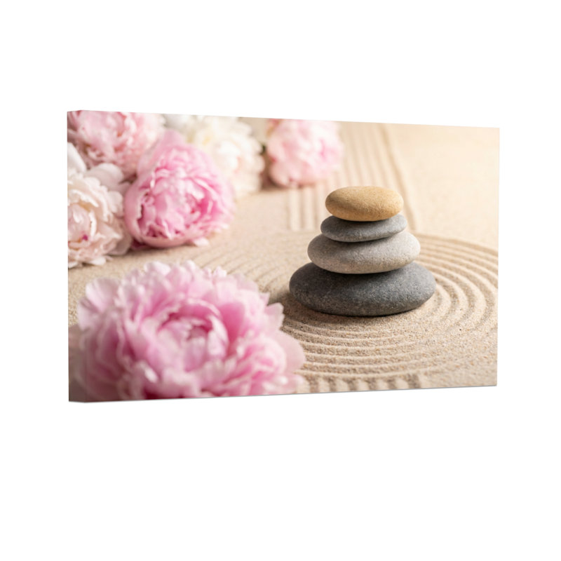 Pierres de jardin tendance zen et fleurs roses, H 12 po x l 18 po