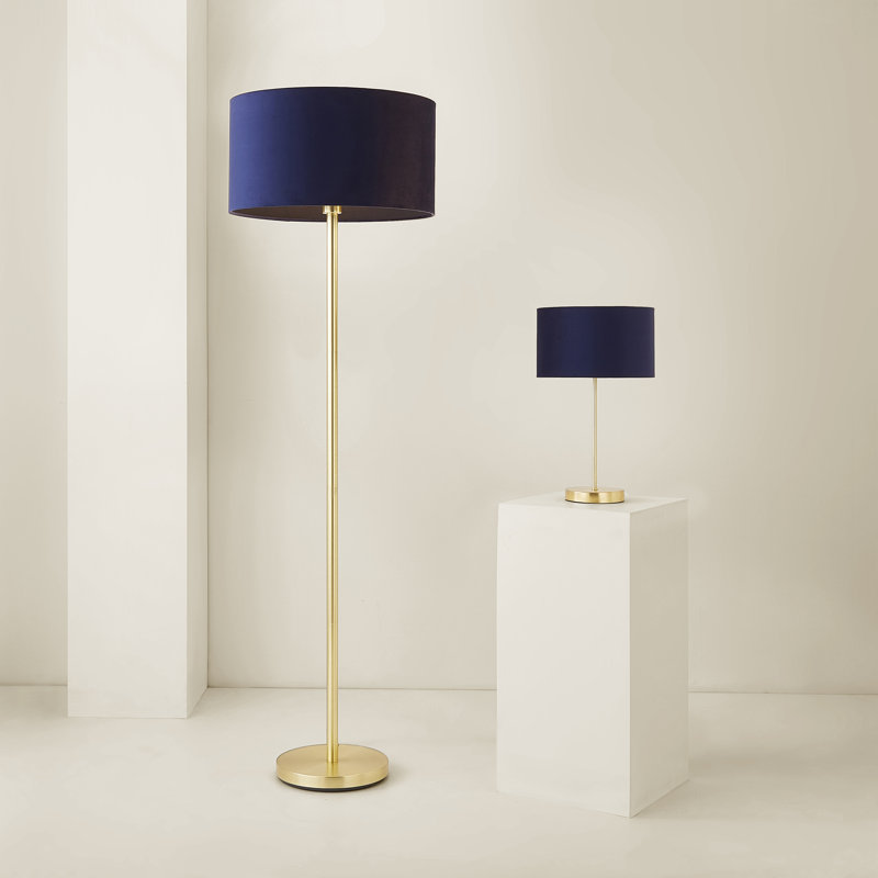 Dadiva Brushed Chrome Stem Table Lamp with Velvet Reni Shade, 38cm H x 17.5 cm W x 44.45cm D, Yes, Gold Base/Navy Shade 