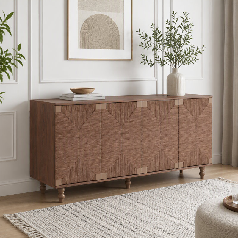 Buffet naturel avec portes en rotin faites à la main, Brun