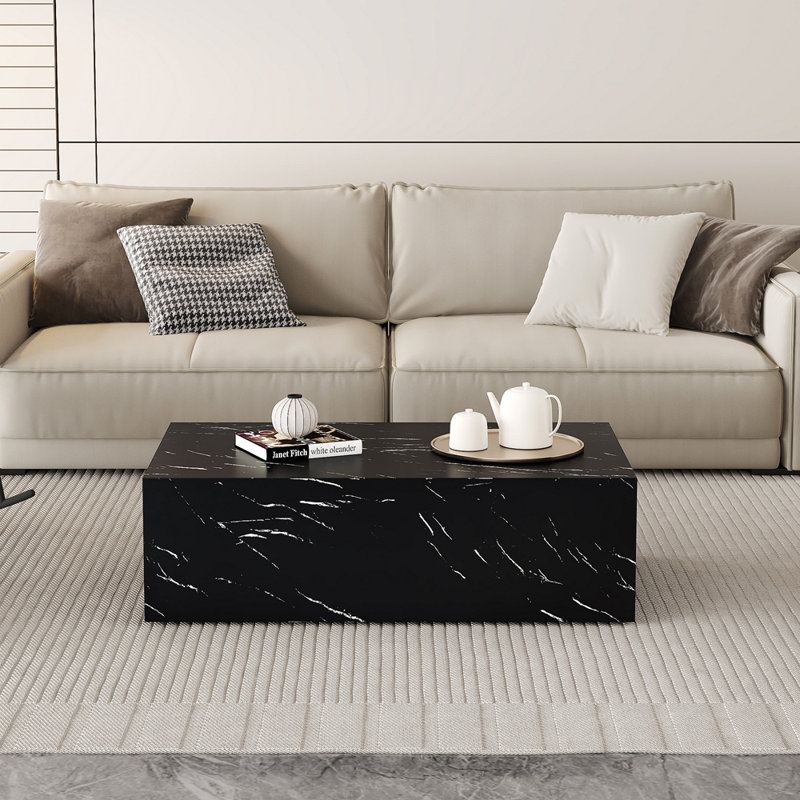 39 Inch Modern Black Marble Texture Coffee Table - Luxury Rectangular MDF Accent Table For Living Room | Gift Idea
