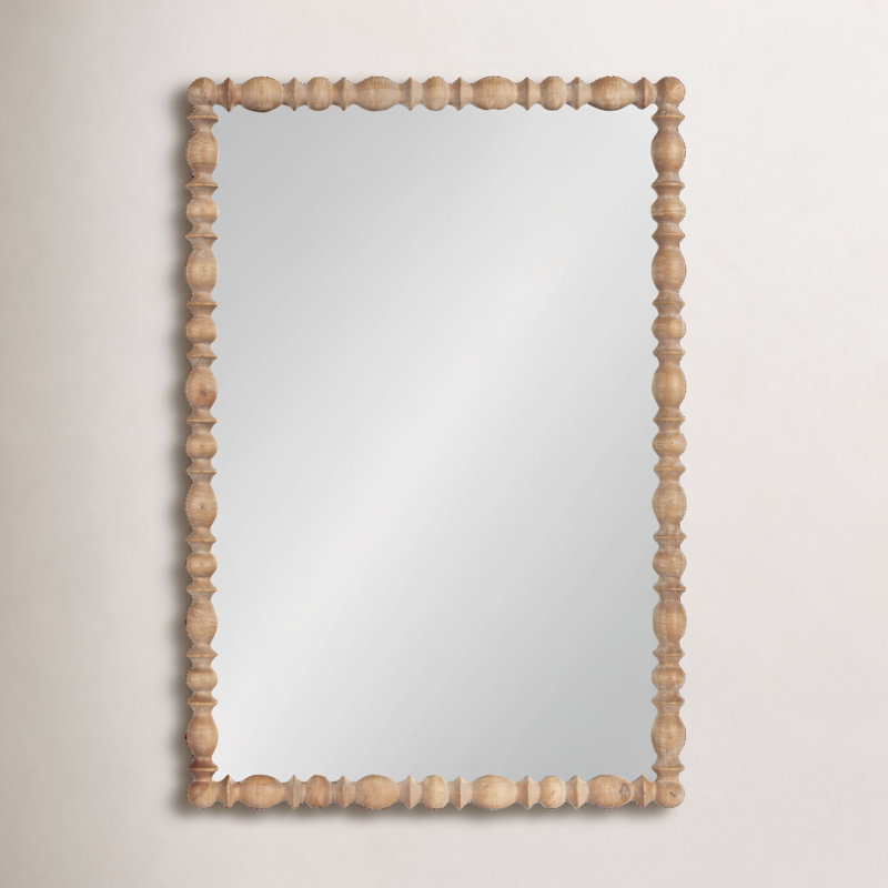 Rectangle Scalloped Wooden Mirror, Solid Wood, Brown, 33.5" x 23"
