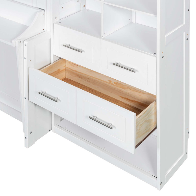 Lit escamotable moderne avec placard, tiroirs et tablettes, Lit double, Blanc
