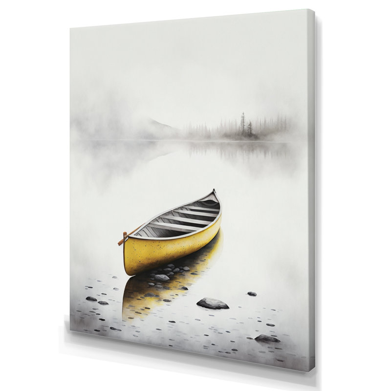 «Yellow Canoe On The Lake I» - art mural sur toile de bord de mer, H 40 po x l 30 po, Toile tendue