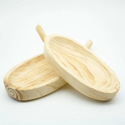 Ensemble de 2 plateaux de service en bois naturel sculptés à la main en forme de feuille avec poignées intégrées, plateaux décoratifs rustiques pour le service des collations et l'organisation à domicile