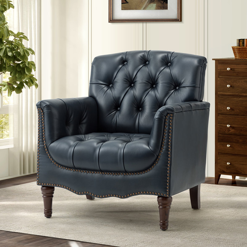 Annja 32" W Tufted Leather Armchair, Navy Genuine Leather