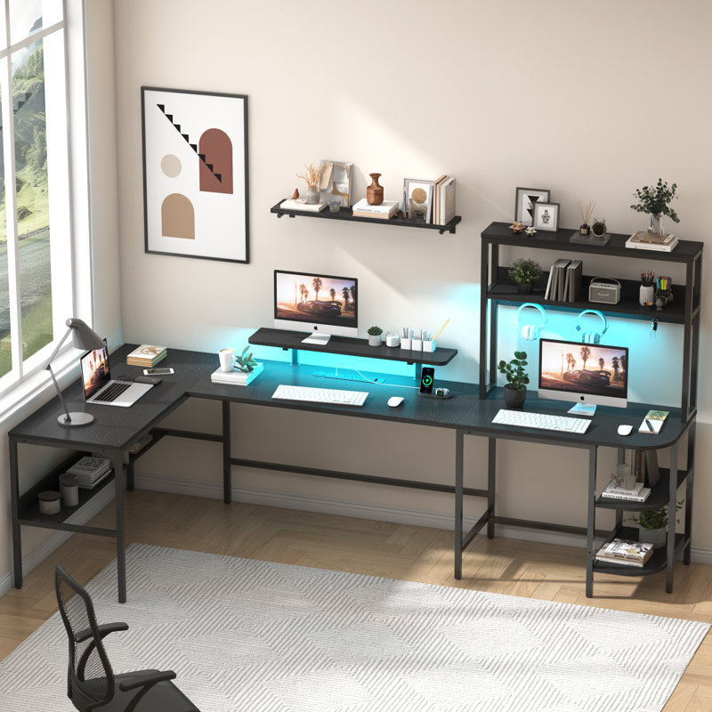Bureau d'ordinateur en forme de U / en L / en I avec huche, douilles et DEL 86,6 po Keyvin