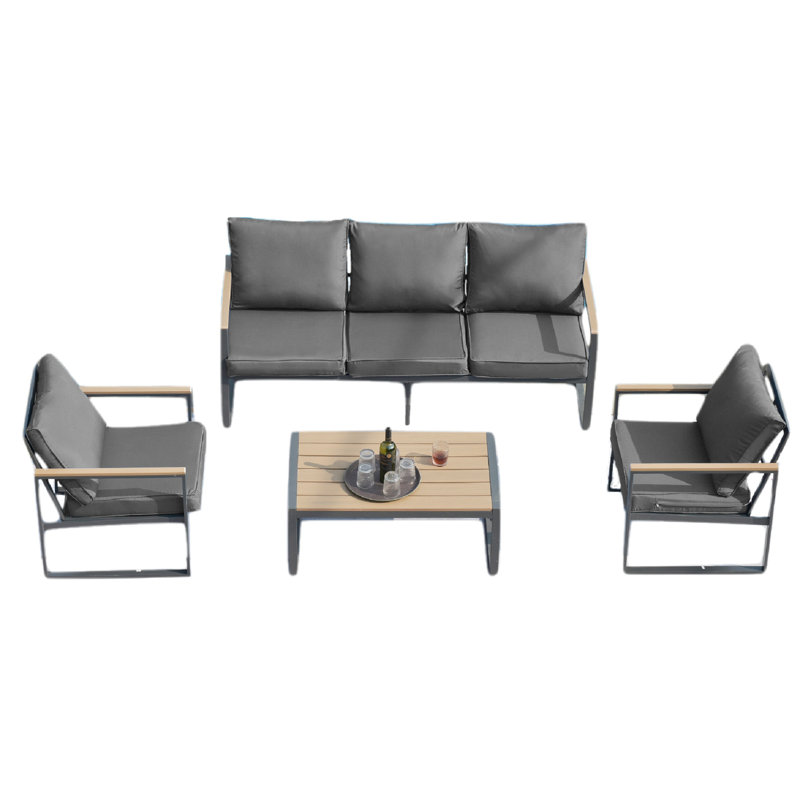 Patio moderne d'extérieur 4 - structure en aluminium, coussins gris, pour jardin et bord de piscine, peu encombrant dans la cour