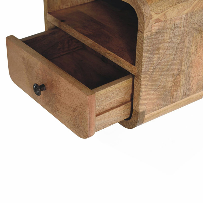 Mini table de chevet murale en chêne courbé avec fente ouverte, 1 tiroir, brun clair