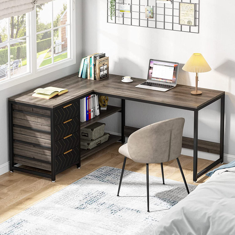 L-Shaped Computer Desk, Multi-Functional Desk with Shelves and Storage Drawers, Gray/Black