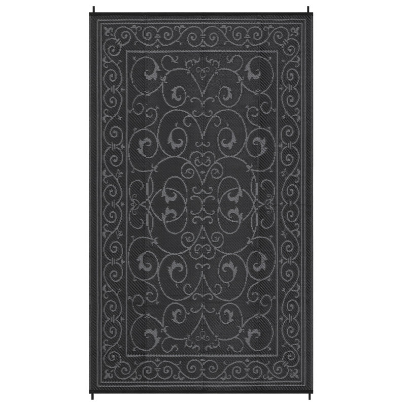 Reversible Outdoor Area Rug – Waterproof & UV Resistant Plastic Carpet – Modern Gray Design – Easy to Clean – 8*10ft, Black