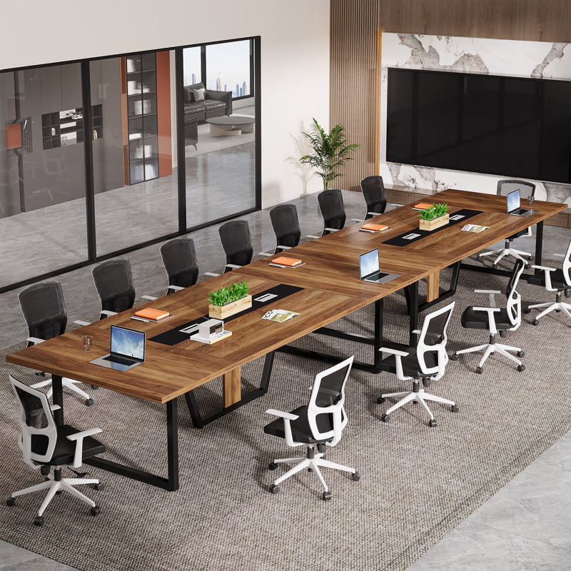 8FT Large Conference Table, Rectangle Meeting Podcast Table, Rustic Brown