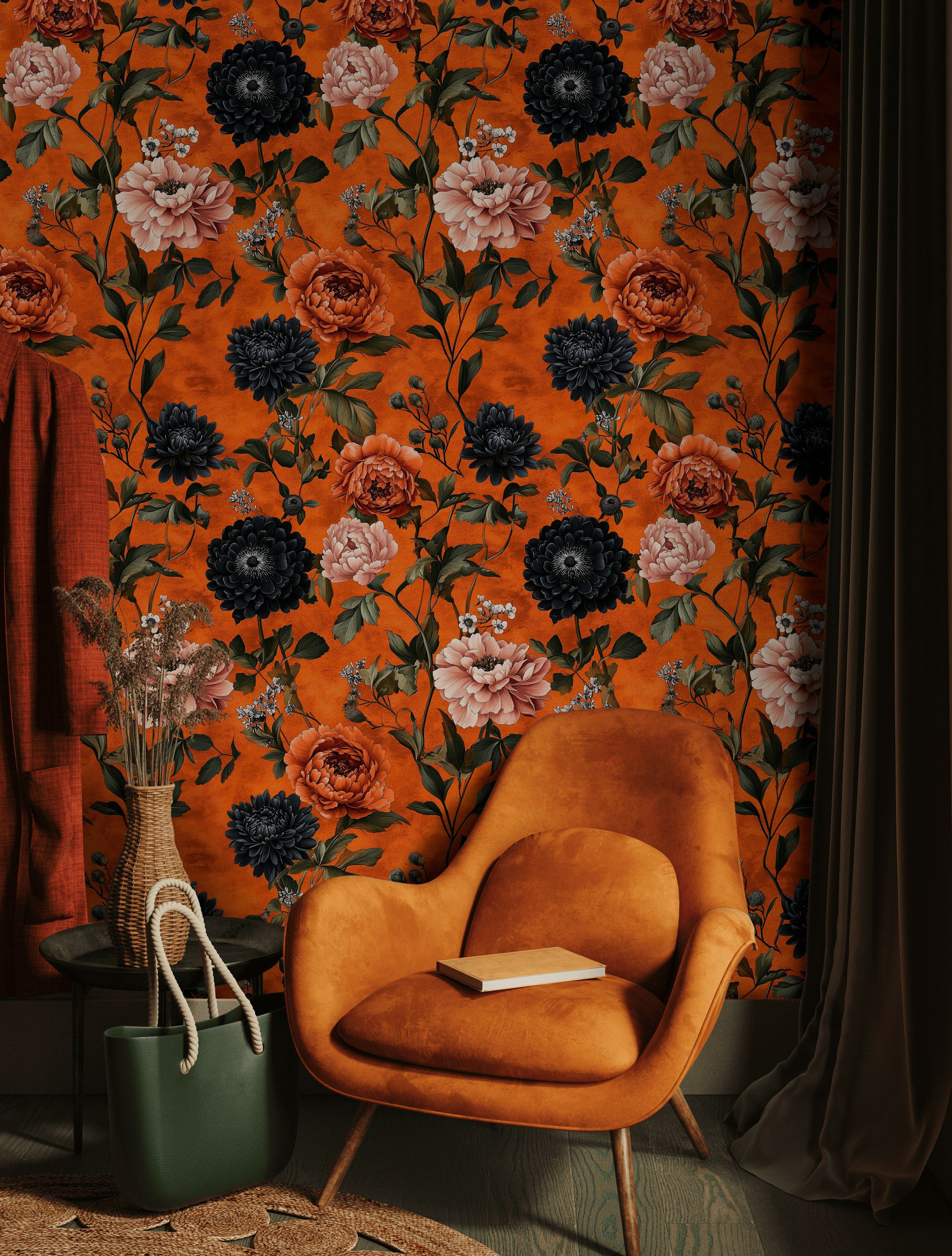 Lark Manor Bold Orange Floral Wallpaper Peonies & Black Dahlias Peel and Stick Roll - Wayfair Canada