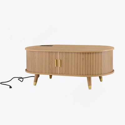 Wooden Oval Coffee Table With Charging Station, Mid-Century Center Table With Sliding Tambour Doorfarmhouse Cocktail Table For Living Room