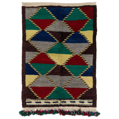 Tapis turc rétro unique fabriqué à la main à motif géométrique unique en son genre