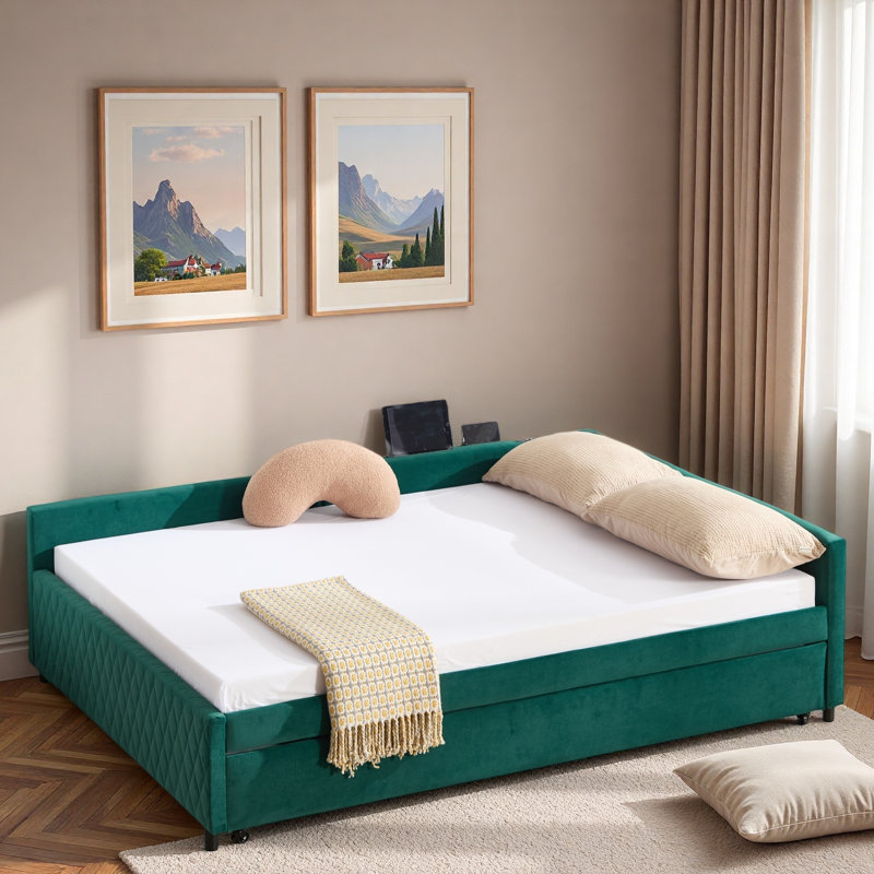 Upholstered Daybed With Trundle And Usb, Emerald
