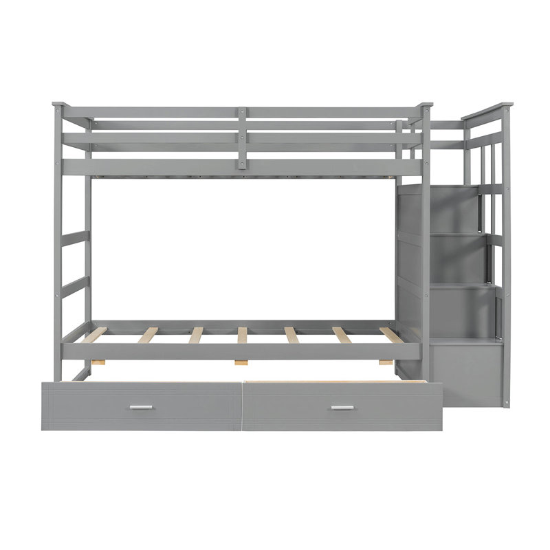 Lit superposé simple au-dessus de simple en bois massif avec escalier sécuritaire et grand rangement à 6 tiroirs, Gris