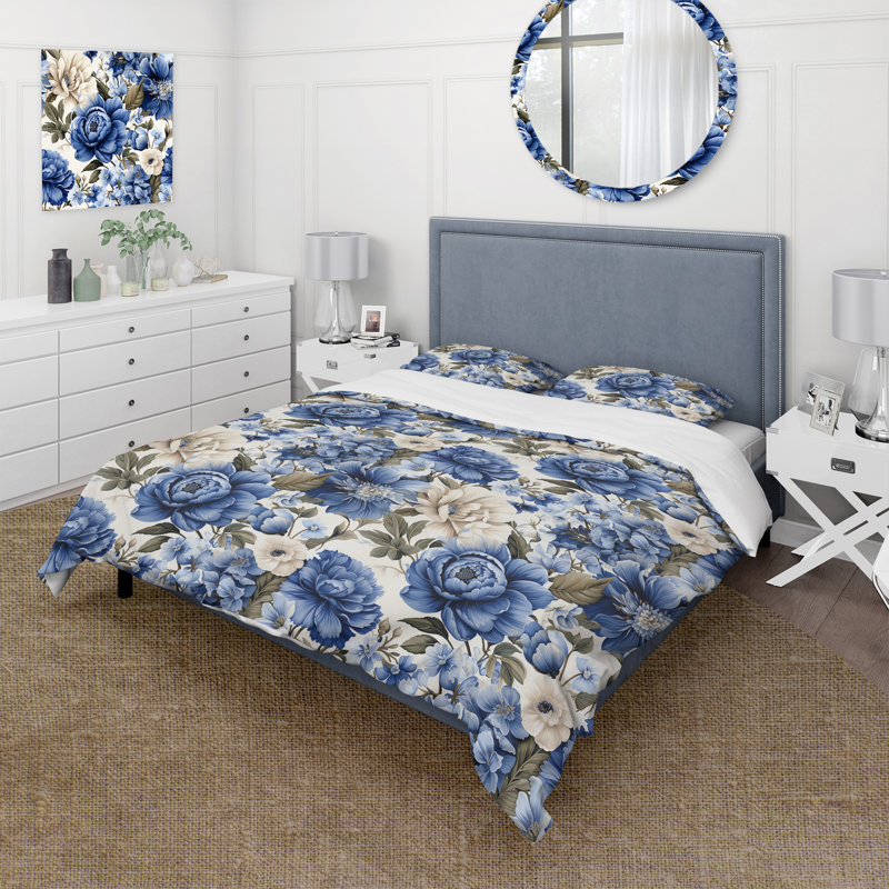 Ensemble de housse de couette à motif victorien Blue Renaissance Florals, Housse de couette simple + 1 taie décorative stan
