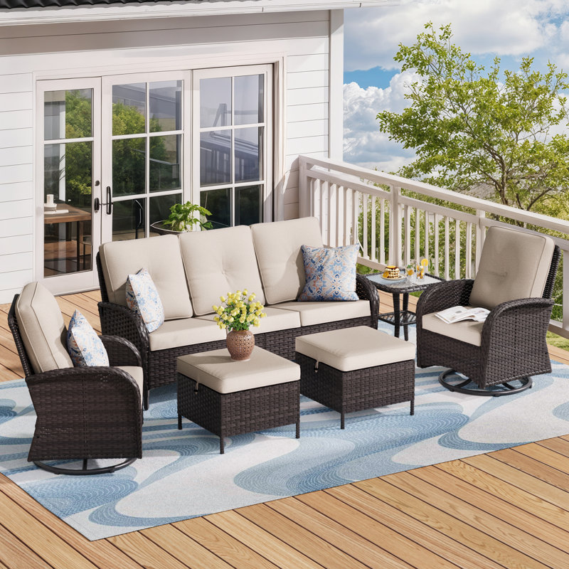 5-Person Outdoor Patio Conversation Rattan Sofa Seating Group With Side Table, 2 Swivel Chairs,2 Ottomans and Beige Cushions