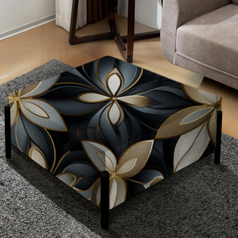 Dimensions des fleurs de mosaïque en marbre noir et doré - Grand repose-pieds carré géométrique