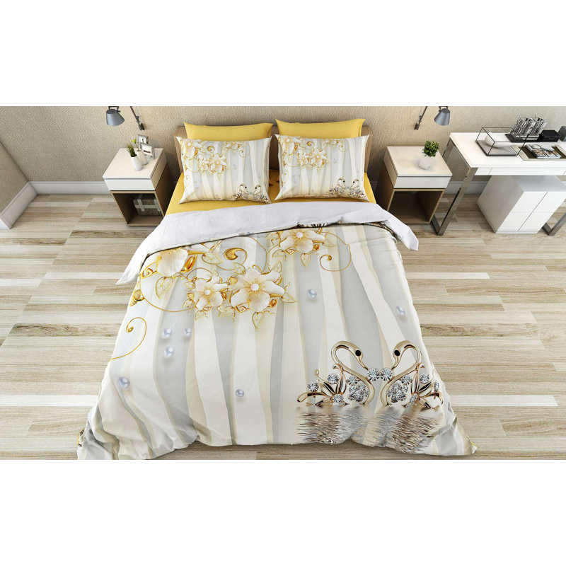 Ensemble de housse de couette, Housse de couette pour lit simple + 1 taie d'oreil, Or / blanc / gris floral